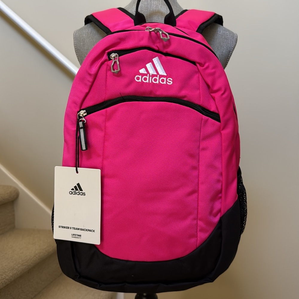 New Adidas Pink and Black Striker II Backpack. Addis logo embroidered in white.